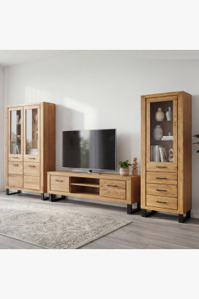 Eiche Wohnwand Set Martina TV-Kommode Vitrinen massivholz